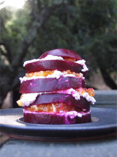 Beet Towers with Farmers Cheese and Oranges